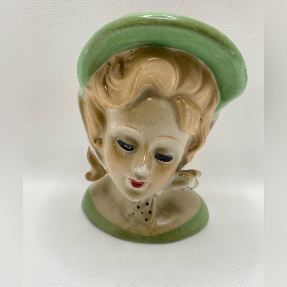 Vintage Nippon Hand-Painted Lady Head Vase with Green Bonnet Hat Long Lashes 5"